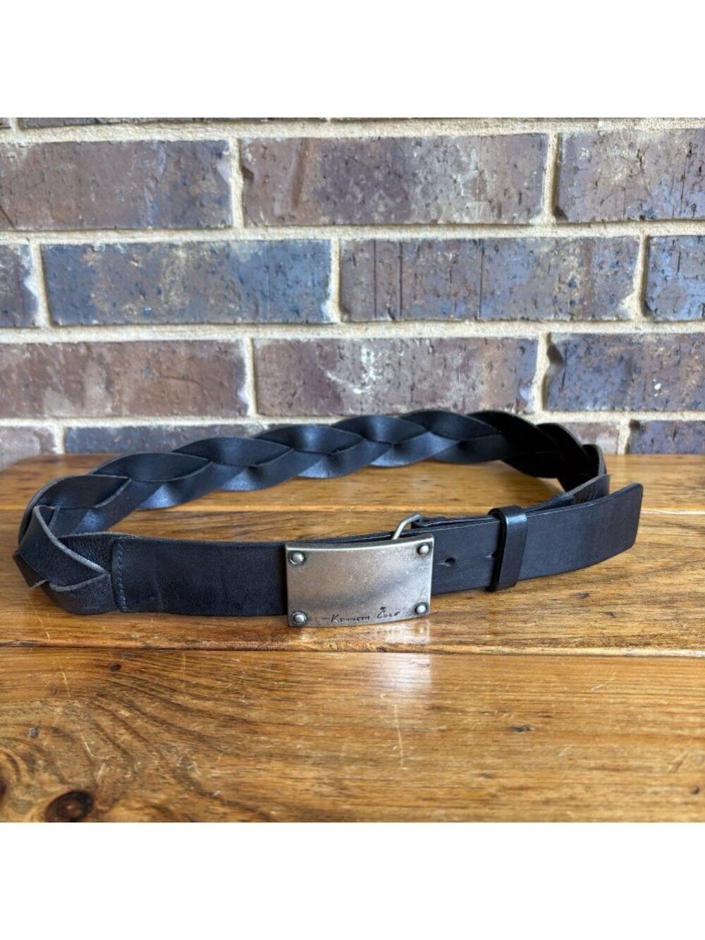 Kenneth Cole Black Leather Braided Belt Distressed Silver Tone Buckle Size 38